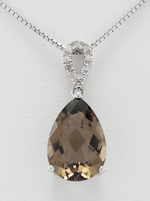 9ct White Gold Smoky Quartz and Diamond Pendant on Chain-0