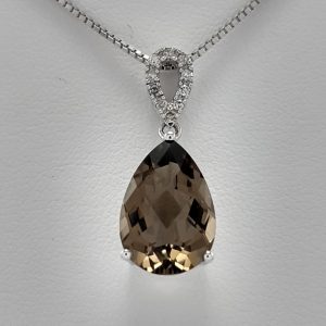 9ct White Gold Smoky Quartz and Diamond Pendant on Chain-1400