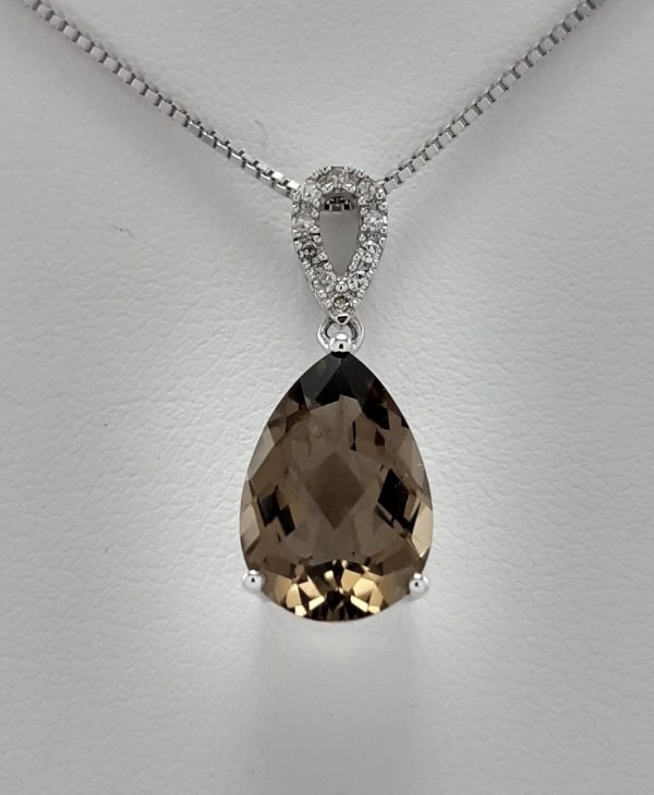 9ct White Gold Smoky Quartz and Diamond Pendant on Chain-1400