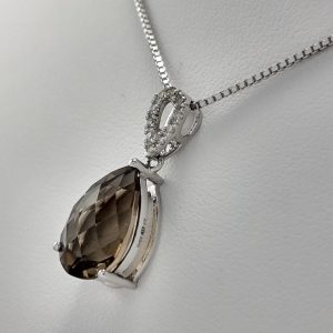 9ct White Gold Smoky Quartz and Diamond Pendant on Chain-1399