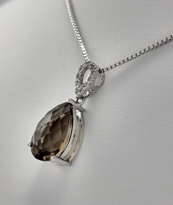 9ct White Gold Smoky Quartz and Diamond Pendant on Chain-1399