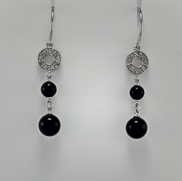 9ct White Gold Black Onyx and Diamond Drop Earrings-0