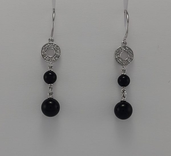 9ct White Gold Black Onyx and Diamond Drop Earrings-1414