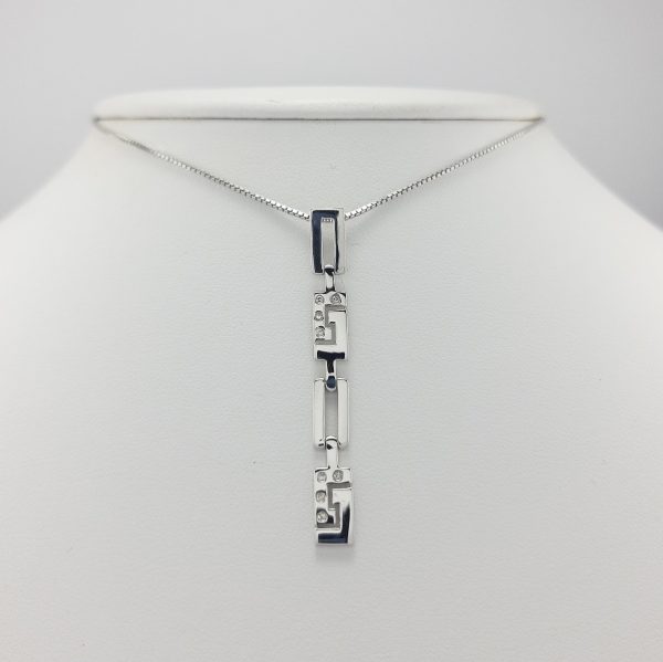 9ct White Gold Diamond Greek Key Design Pendant and Chain-1368