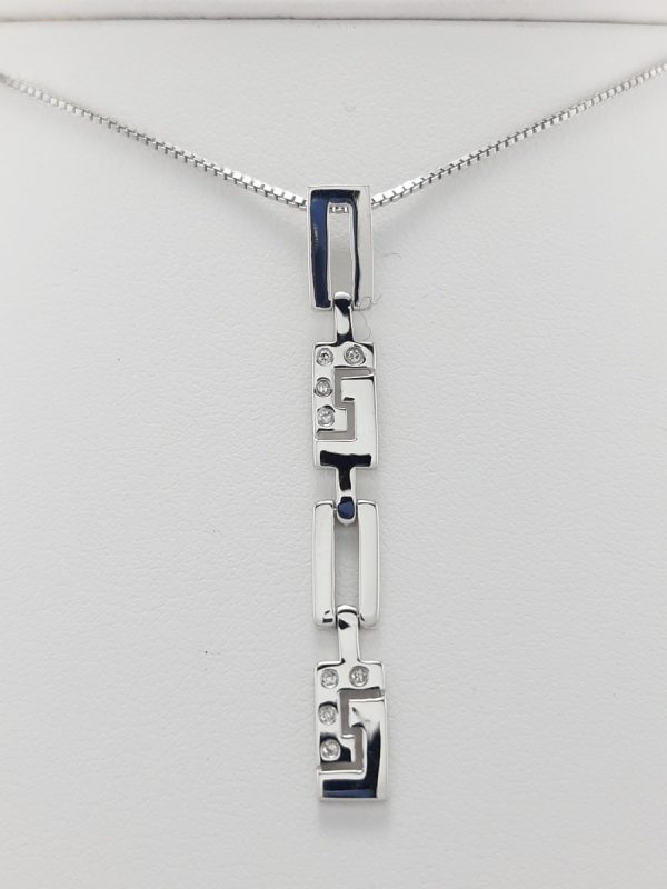 9ct White Gold Diamond Greek Key Design Pendant and Chain-0