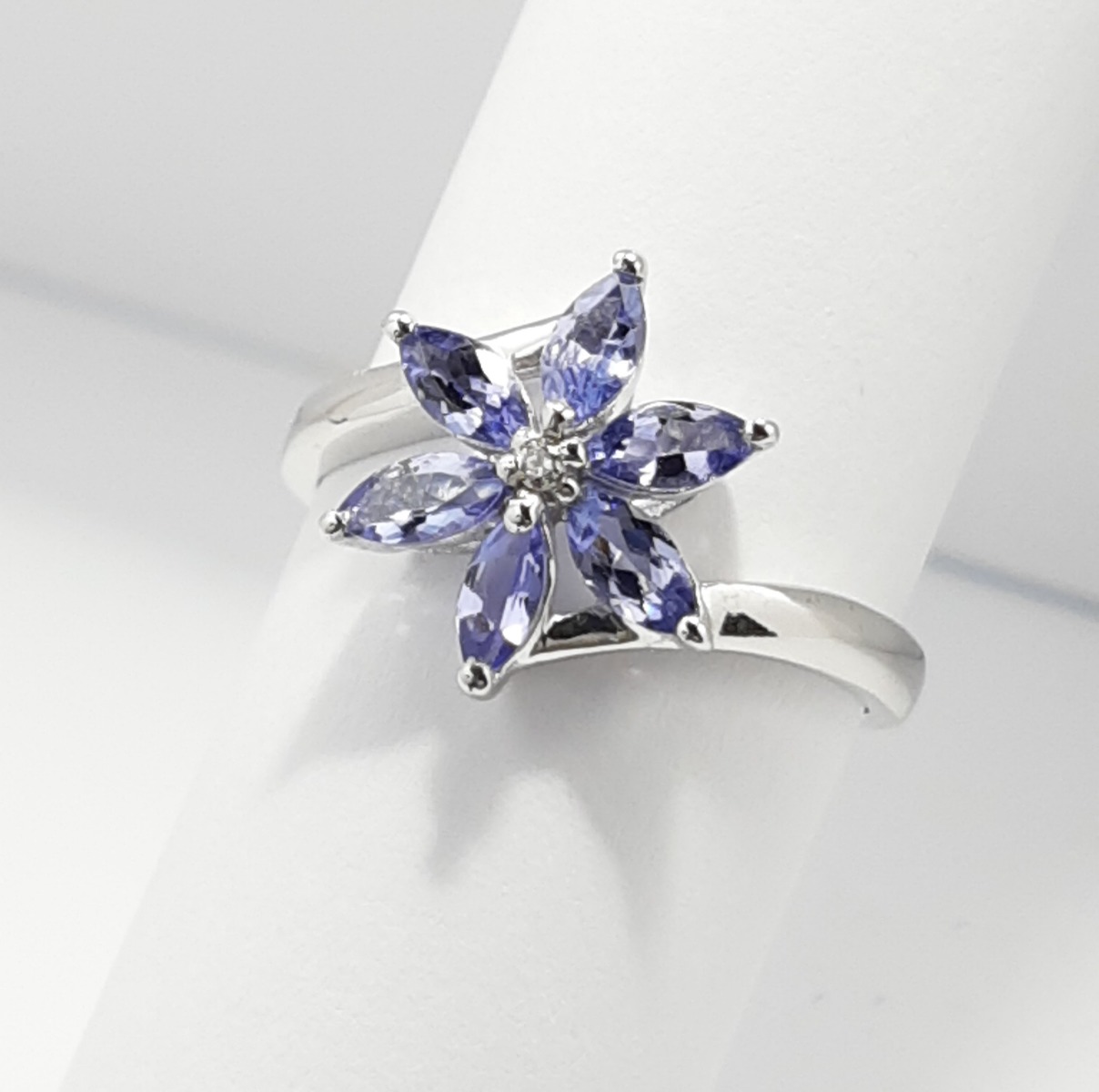 9ct White Gold Tanzanite and Diamond Flower Design Ring-0