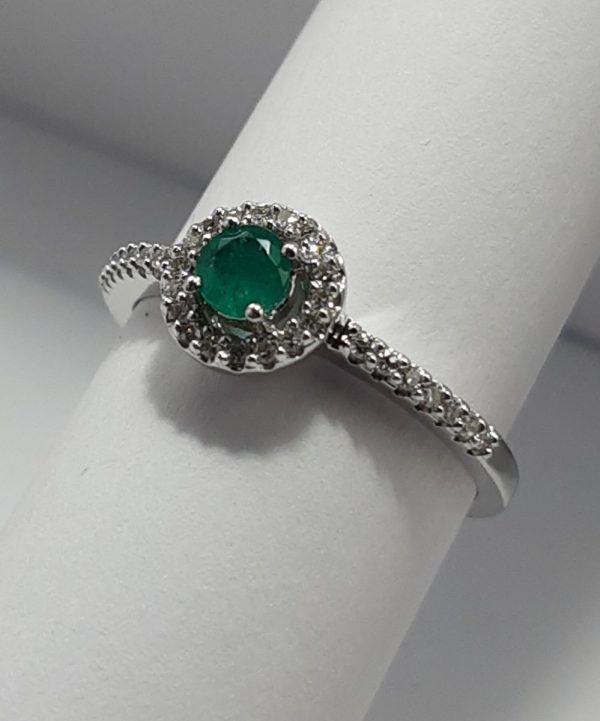 9ct White Gold Emerald and Diamond Halo design Ring-0