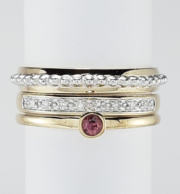 9ct Yellow Gold Rhodolite Garnet and Diamond Stackable Design Ring -0