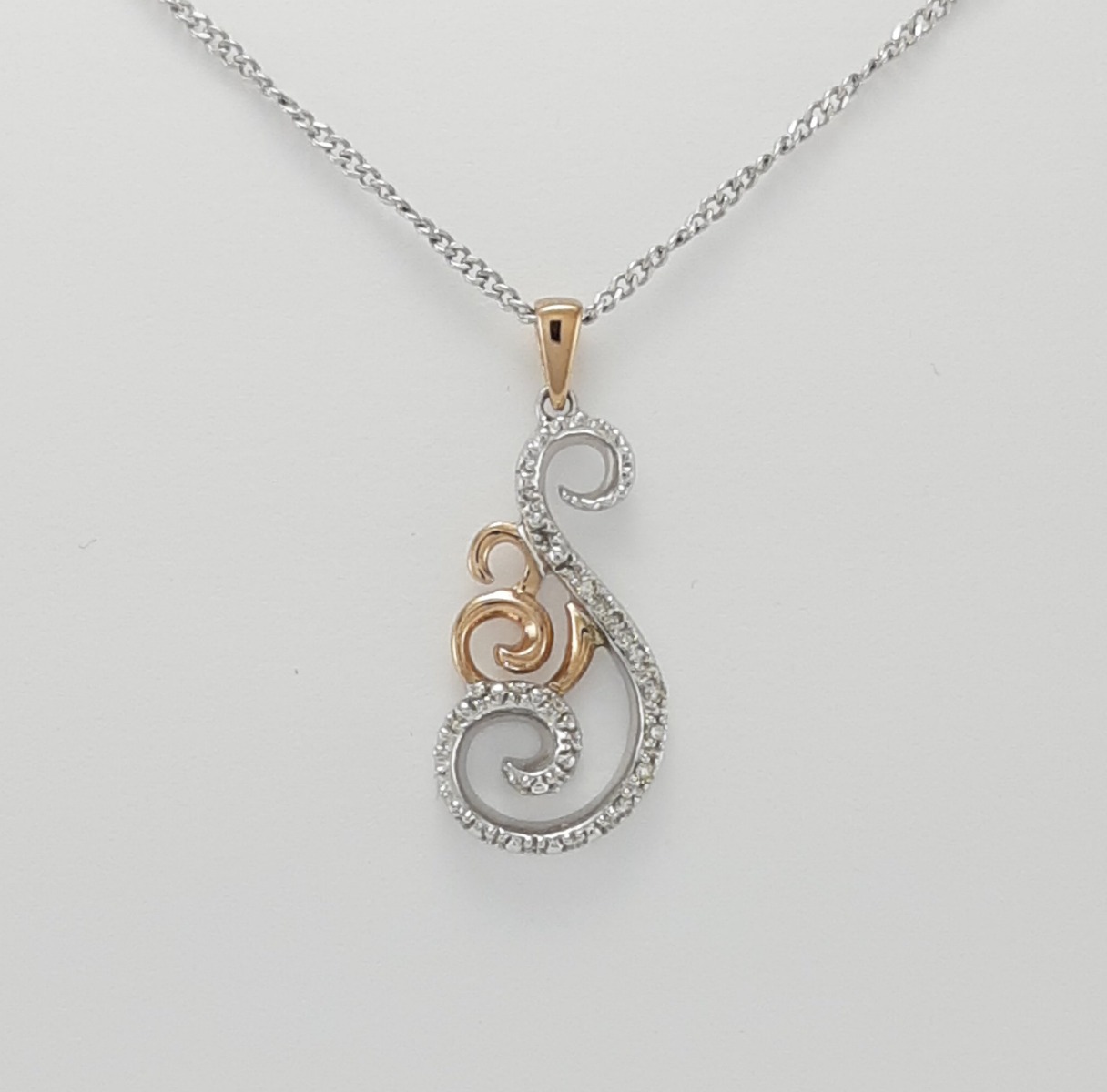 9ct Red and White Gold Diamond Scroll Pendant and Chain-0