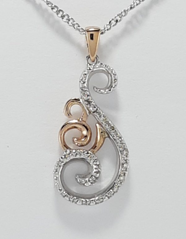 9ct Red and White Gold Diamond Scroll Pendant and Chain-1425