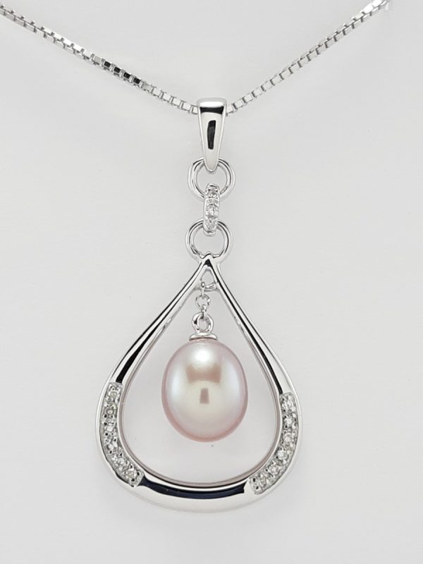 9ct White Gold Freshwater Pearl and Diamond Pendant and Chain-0
