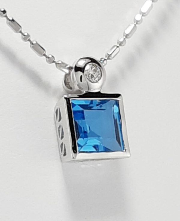 18ct White Gold Blue Topaz and Diamond Pendant on Chain-1450