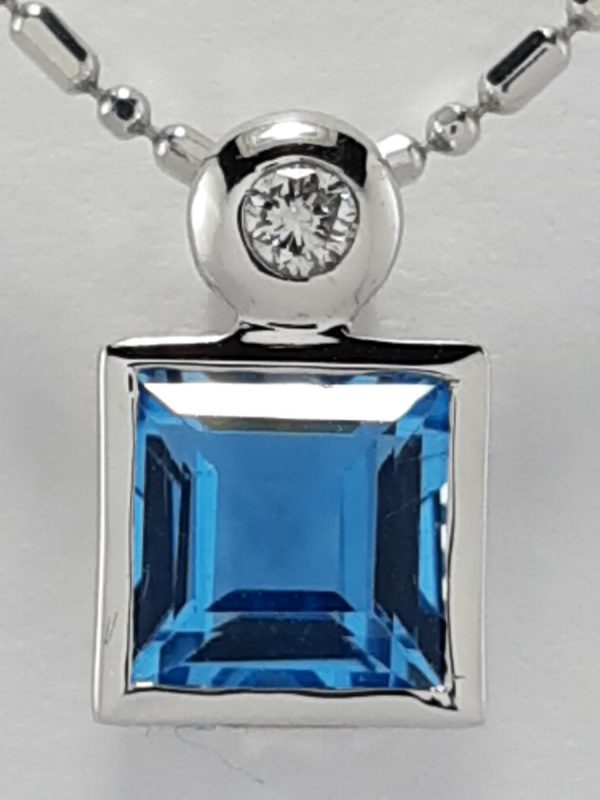 18ct White Gold Blue Topaz and Diamond Pendant on Chain-1448