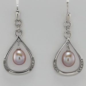 9ct White Gold Freshwater Pearl and Diamond Earrings-0