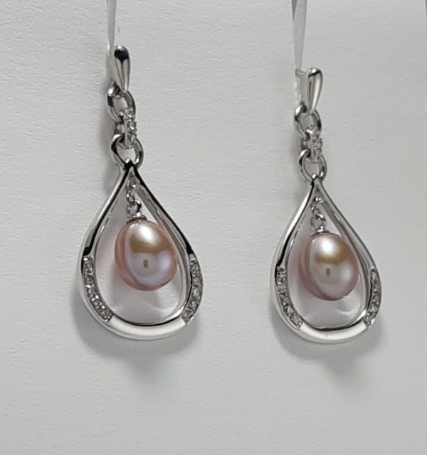 9ct White Gold Freshwater Pearl and Diamond Earrings-1456