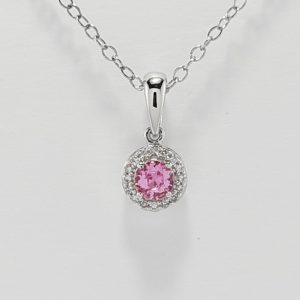 9ct White Gold Pink Sapphire and Diamond Cluster Pendant and Chain-0