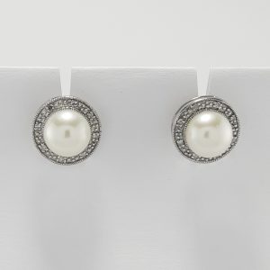 9ct White Gold Freshwater Pearl and Diamond Cluster Earrings -0