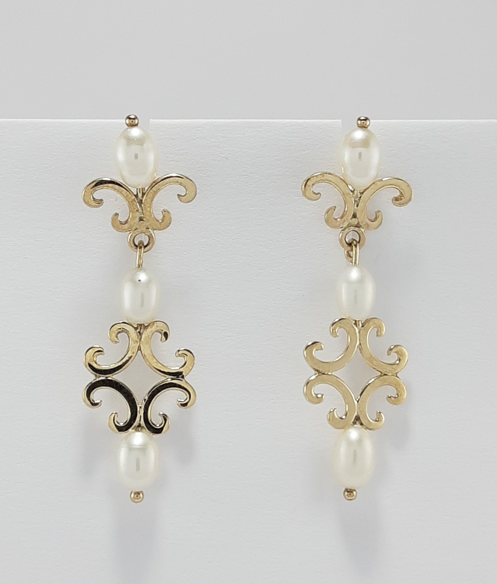 9ct Yellow Gold Freshwater Pearl Scroll design Earrings -0