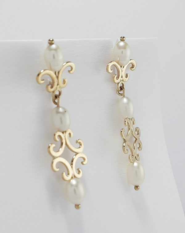 9ct Yellow Gold Freshwater Pearl Scroll design Earrings -1499