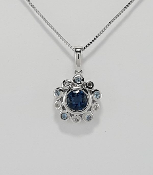 9ct White Gold Blue Topaz and Diamond Pendant on Chain-0