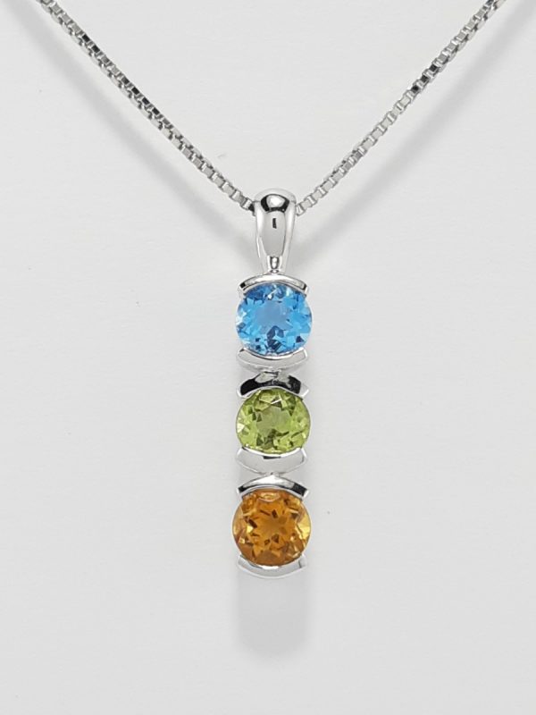 9ct White Gold Blue Topaz Peridot and Citrine Pendant on Chain-0