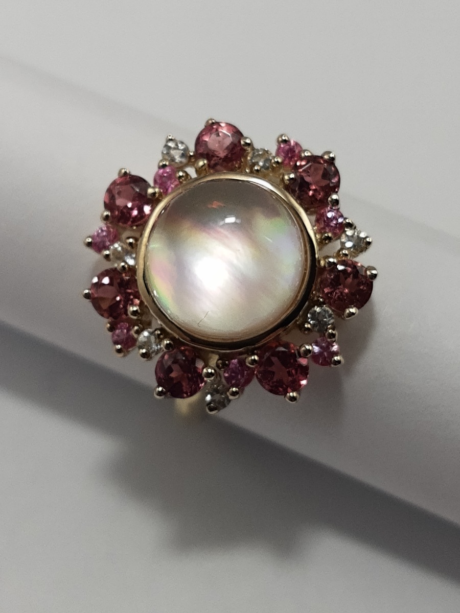 9ct Yellow Gold Pink Tourmailine,Pink Sapphire and Crystal Ring-0