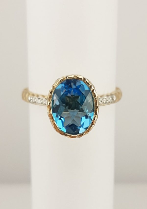 9ct Yellow Gold Blue Topaz and Diamond Ring-0