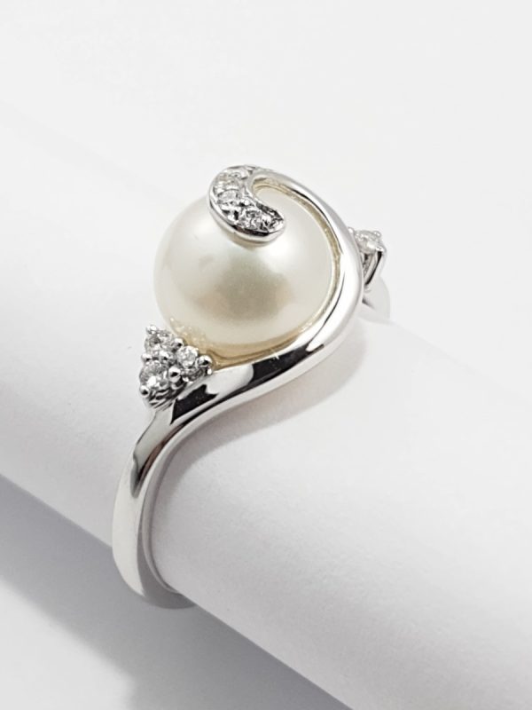 9ct White Gold Freshwater Pearl and Diamond Ring-0