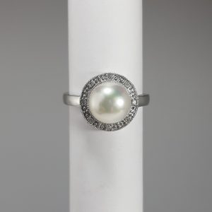 9ct White Gold Freshwater Pearl and Diamond Ring-0