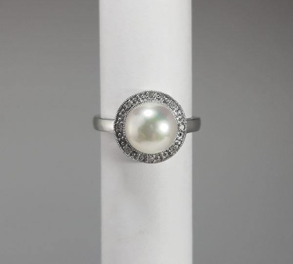 9ct White Gold Freshwater Pearl and Diamond Ring-0